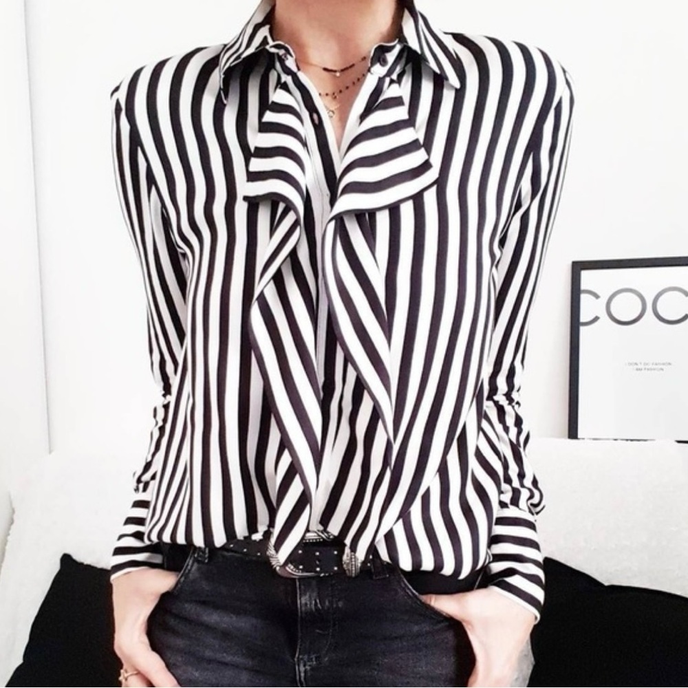 NWT Zara Black White Striped Ruffle Front Blouse size XS